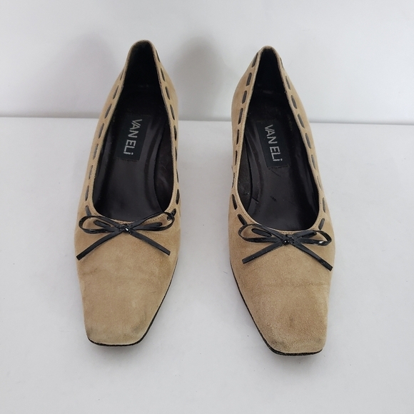 Vaneli tan suede square toe pump black lace wide heel - Picture 3 of 7